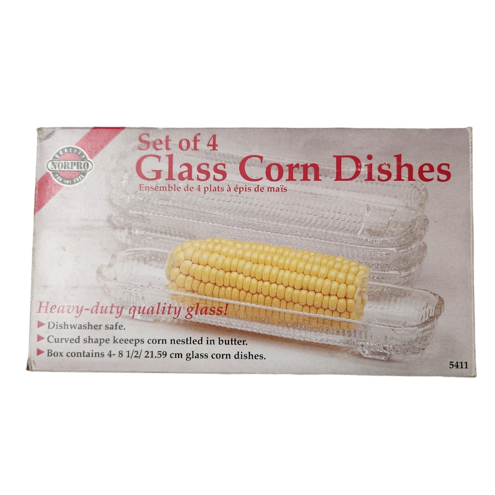 Vintage Norpro Heavy-Duty Curved Glass Corn Dishes Set of 4